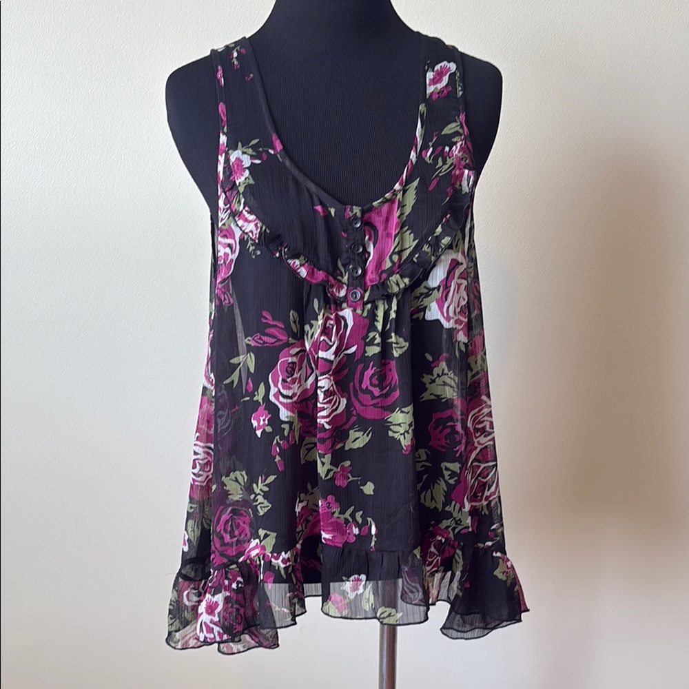 Living Doll Floral Sleeveless Sheer Top with Ruffle hem